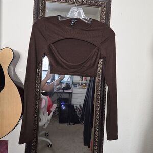 Brown Long Sleeve Cutout Top